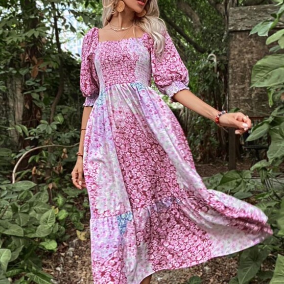 Boho Pink Floral Print Puff Sleeve Ruffle Dress Cottagecore - Picture 3 of 5